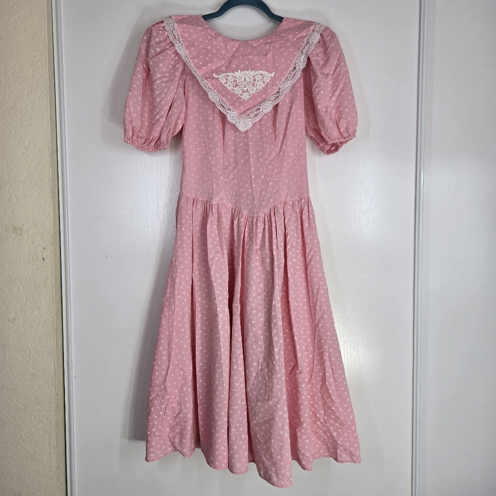Vintage Prairie Pink And Ditsy White Floral Puff Sleeve Midi Dress Size 3 70s/80